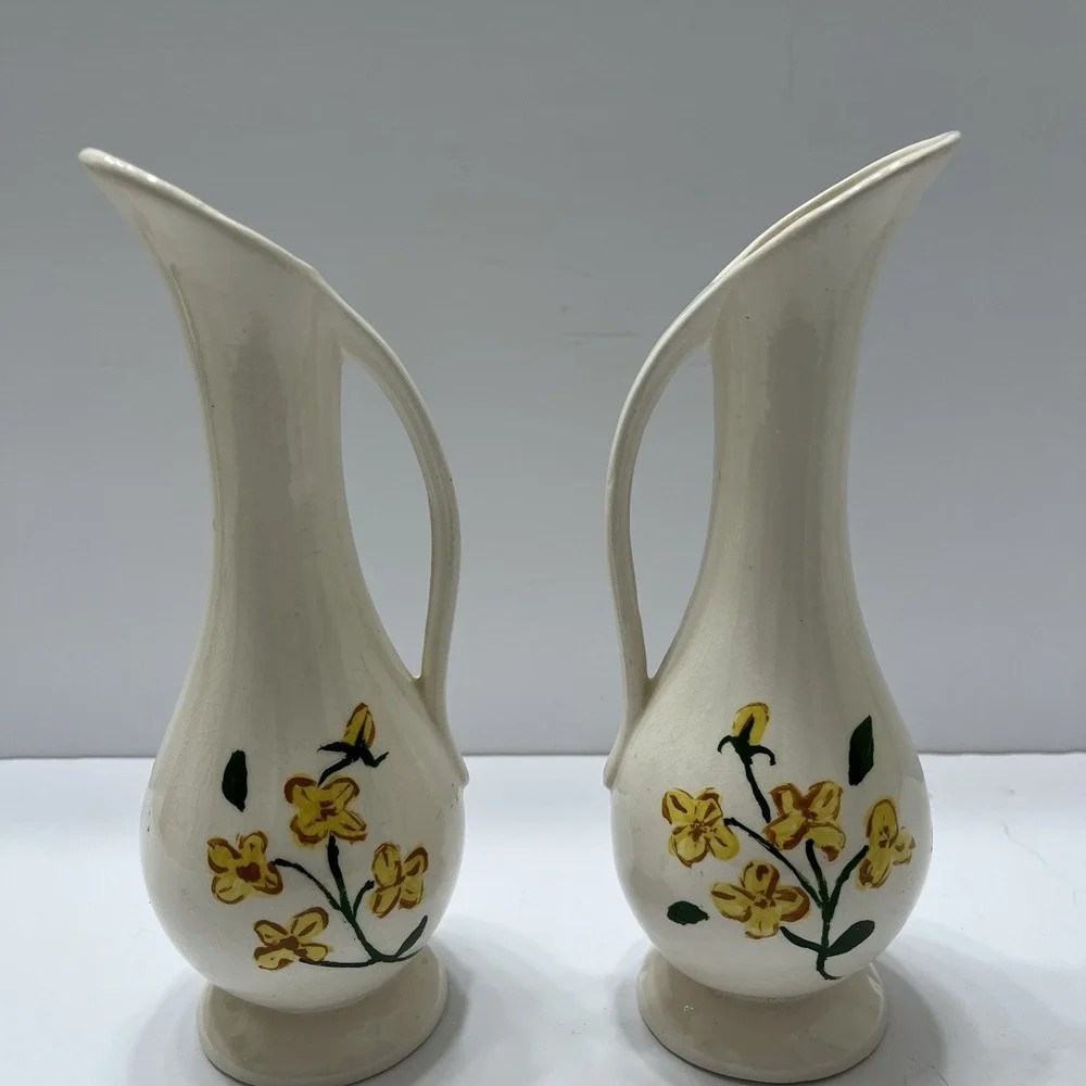 Vintage Off-White Floral Vases Set Of 2 Yellow Flowers Signed 1964 Ceramic